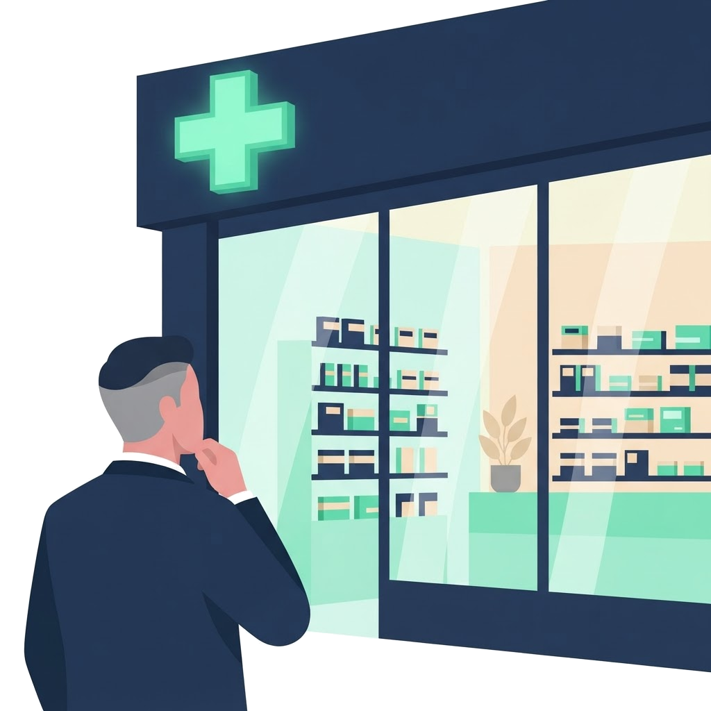 Un titulaire, de dos, la main au menton, devant la vitrine éclairée de sa pharmacie